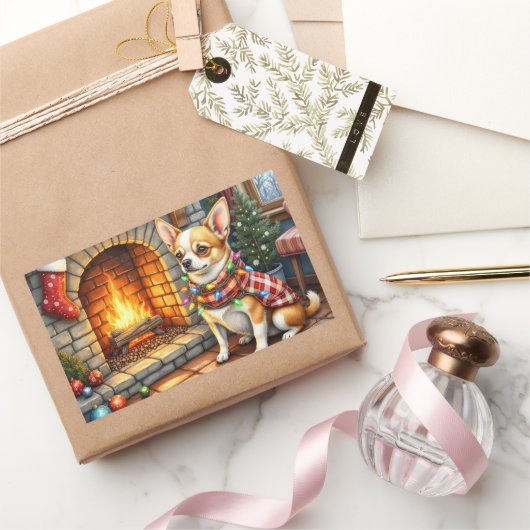 Chihuahua Sitting Fireplace with Christmas Lights 長方形シール (ギフト)