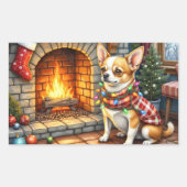 Chihuahua Sitting Fireplace with Christmas Lights 長方形シール (正面)
