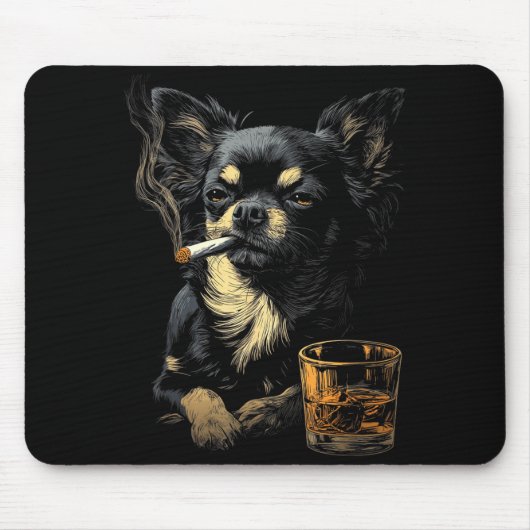 Chihuahua Smoking Cigarette Whisky Lover Funny Dog マウスパッド (正面)