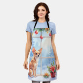 Chihuahua Snowy Windowsill Holiday Christmas Art エプロン (着用した状態)