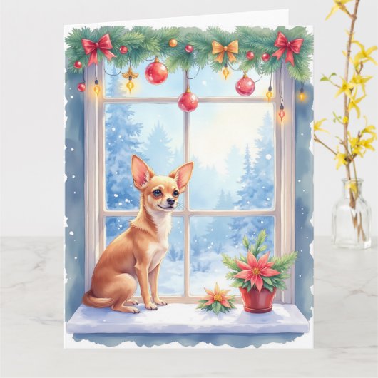 Chihuahua Snowy Windowsill Holiday Christmas Art カード (黄色い花)