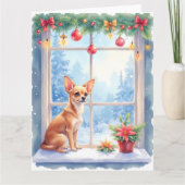 Chihuahua Snowy Windowsill Holiday Christmas Art カード (正面)
