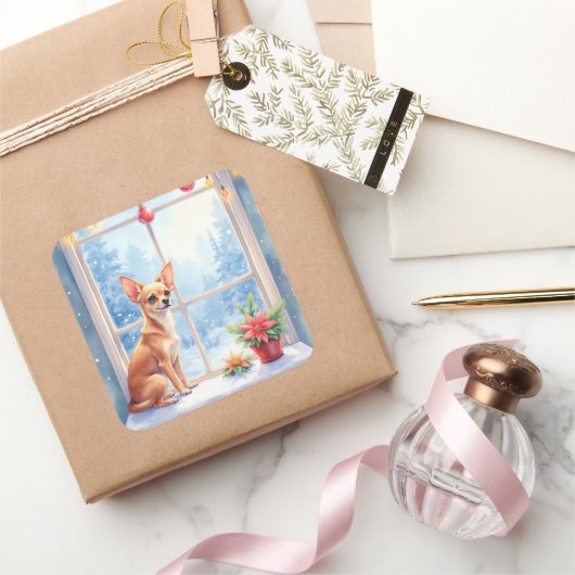 Chihuahua Snowy Windowsill Holiday Christmas Art スクエアシール (ギフト)