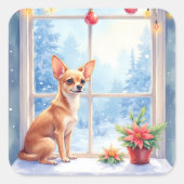 Chihuahua Snowy Windowsill Holiday Christmas Art スクエアシール (正面)