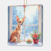 Chihuahua Snowy Windowsill Holiday Christmas Art セラミックオーナメント (左)