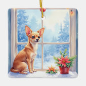 Chihuahua Snowy Windowsill Holiday Christmas Art セラミックオーナメント (正面)