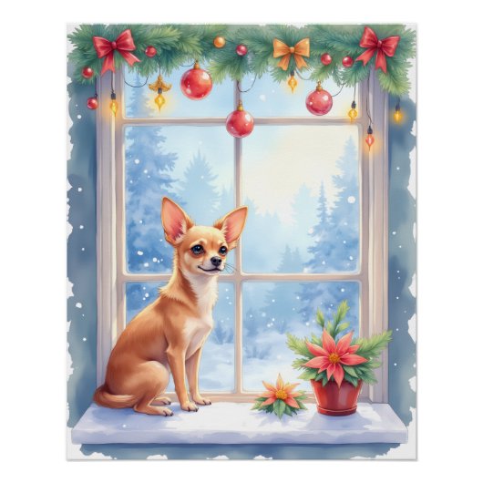Chihuahua Snowy Windowsill Holiday Christmas Art ポスター (正面)