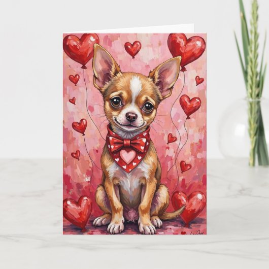Chihuahua Valentine’s Day Dog with Hearts Red カード (正面)