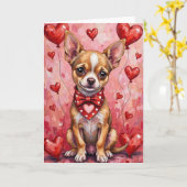 Chihuahua Valentine’s Day Dog with Hearts Red カード (黄色い花)