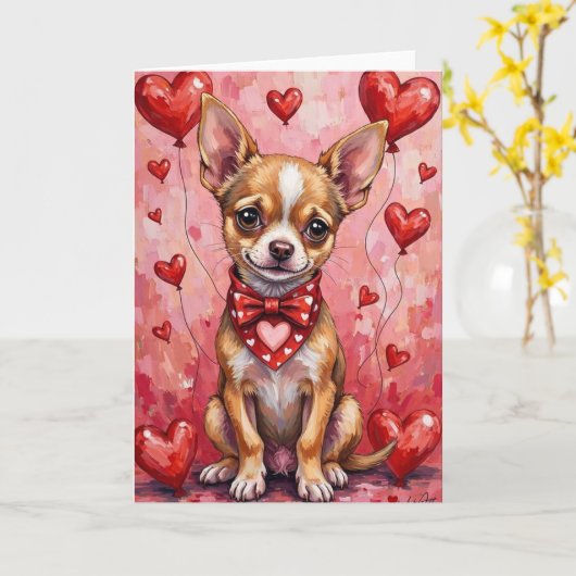 Chihuahua Valentine’s Day Dog with Hearts Red カード (黄色い花)