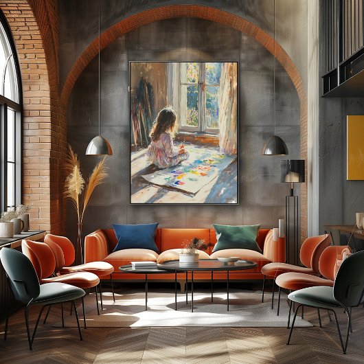 Child 絵を描's in Sunlit Room - Impressionist Art ポスター