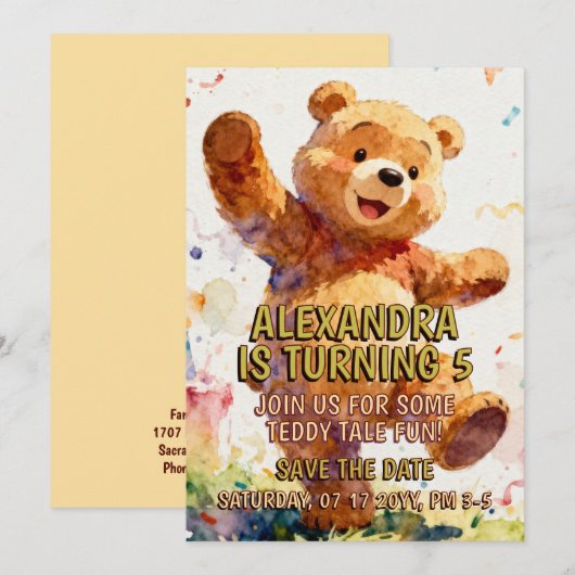 Child Birthday Animals - Cute Teddy Bear 1 セーブザデート (正面/裏面)