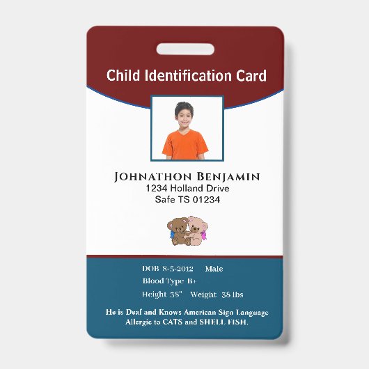 Child Boy Girl Photo親アラー連絡トID バッジ (正面)