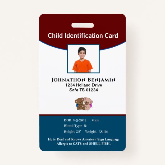 Child Boy Girl Photo親アラー連絡トID バッジ (正面)