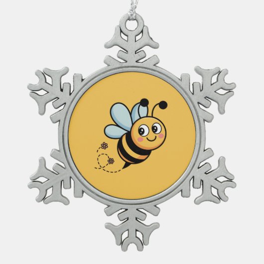 Child-Friendly Bee Mascot with Dotted Trail スノーフレークピューターオーナメント (正面)