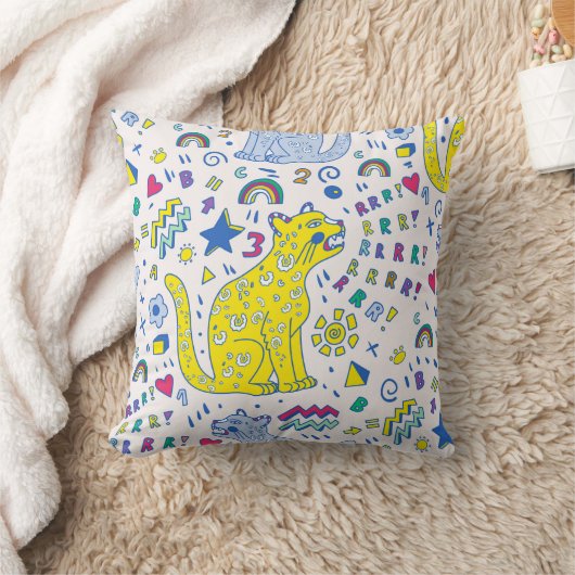 childish pattern with tiger,letters,rainbows,numbe クッション (ブランケット)