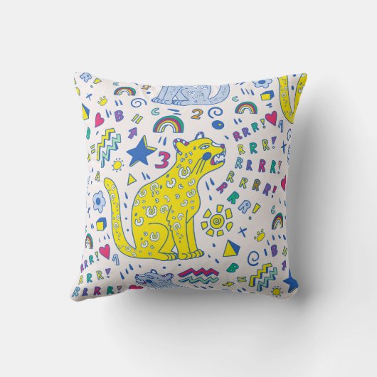 childish pattern with tiger,letters,rainbows,numbe クッション (裏面)