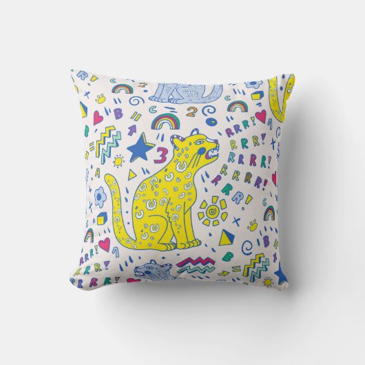 childish pattern with tiger,letters,rainbows,numbe クッション (正面)