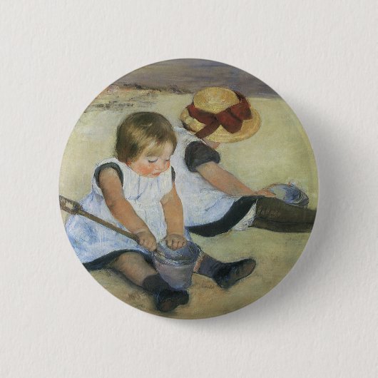 Children'遊's on the ビーチ by Mary Cassatt 缶バッジ (正面)
