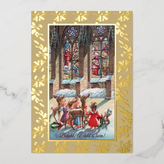 Children at the Church Window Foil Christmas Card 箔シーズンカード (正面)