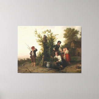 Children at the Stone Well – 19th Century Village  キャンバスプリント