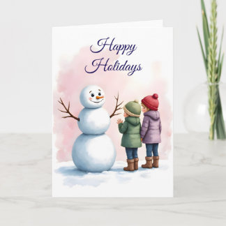Children Building Snowman Winter Scene Blank  カード