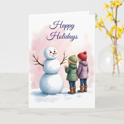 Children Building Snowman Winter Scene Blank  カード (黄色い花)