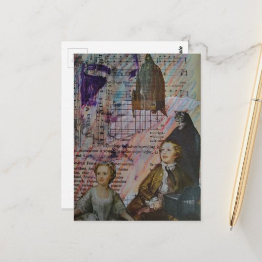 children dance cat bird cage sheet music collage ポストカード (正面/裏面インサイチュ)