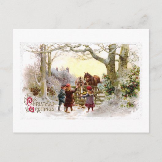 Children Feeding Horses Antique Christmas シーズンポストカード (正面)