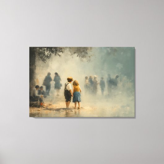 Children in Misty Street Impressionist Scene キャンバスプリント (正面)