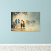 Children in Misty Street Impressionist Scene キャンバスプリント (インサイチュ (ウッドフロア))
