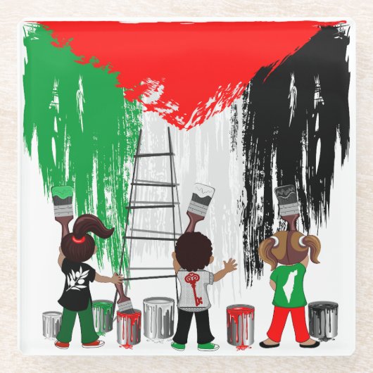 Children of Gaza Painting Palestine Flag ガラスコースター (正面)