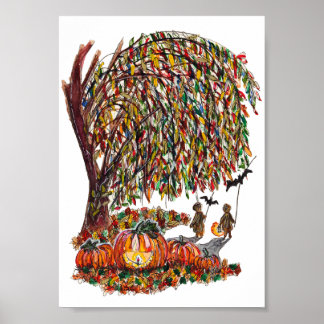 Children Playing Bats Halloween Watercolor ポスター