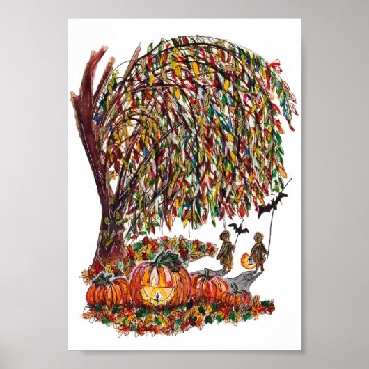 Children Playing Bats Halloween Watercolor ポスター (正面)