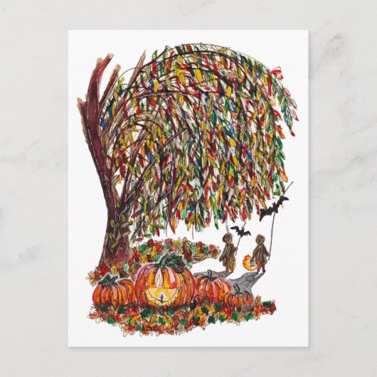 Children Playing Bats Halloween Watercolor ポストカード (正面)