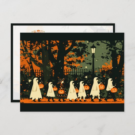 Children Trick or Treating on Halloween Night シーズンポストカード (正面/裏面)