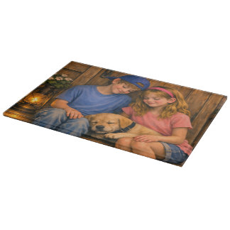 Children with Sleeping Puppy Glass Cutting Board カッティングボード