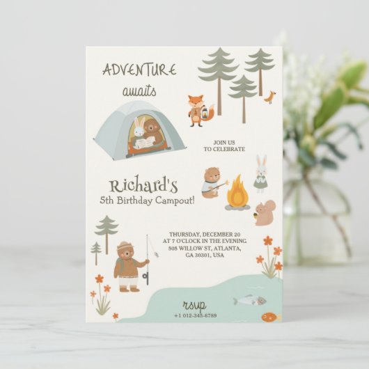 Children's birthday Invitation in camping vibes  招待状 (スタンド正面)