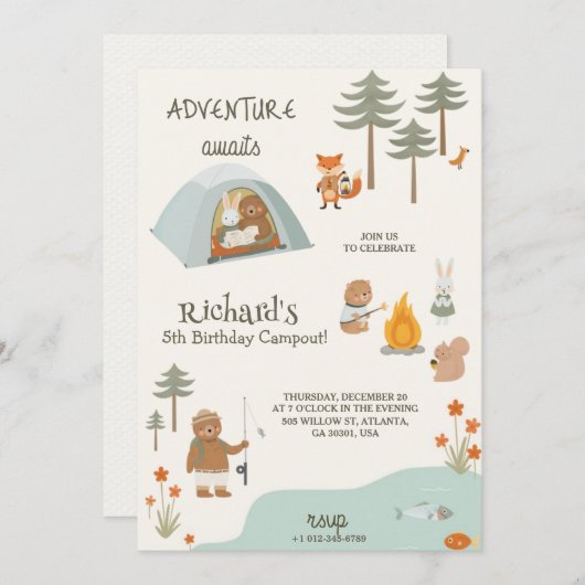 Children's birthday Invitation in camping vibes 招待状 (正面/裏面)