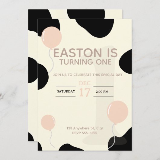 Children's Cow Birthday Invitation 招待状 (正面/裏面)