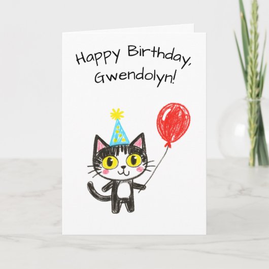 Child's Art Style Tuxedo Cat Birthday カード (正面)