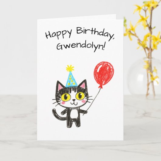Child's Art Style Tuxedo Cat Birthday カード (黄色い花)