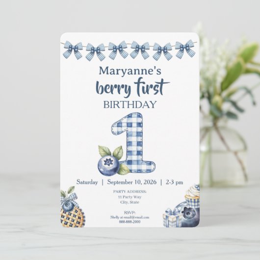 Child's Blueberry Berry First Birthday Invitation 招待状 (スタンド正面)