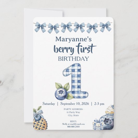 Child's Blueberry Berry First Birthday Invitation 招待状 (正面)