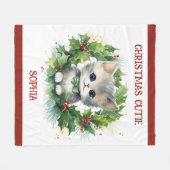 Child's Christmas Blanket With Kitten and Name  フリースブランケット (正面(横))