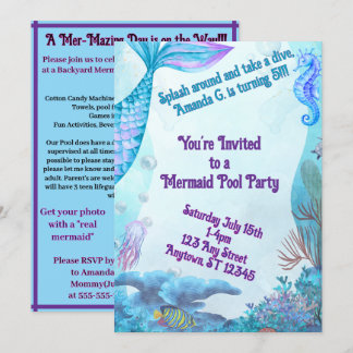 Child's Mermaid Birthday Double Sided Invitation 招待状
