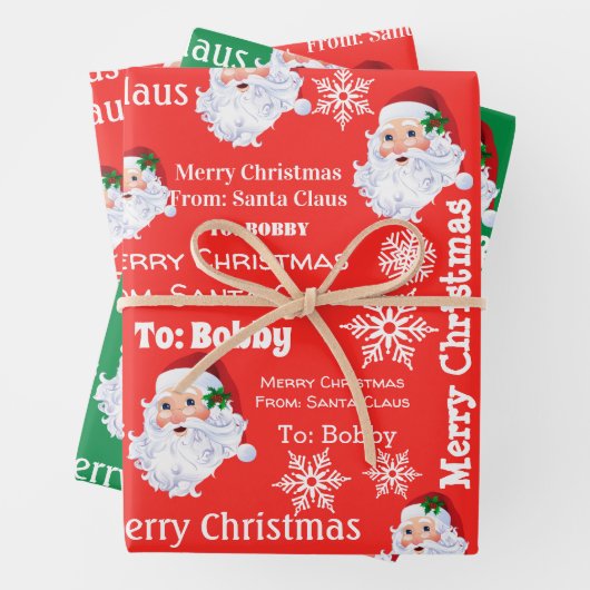 Child's Name Santa Christmas Red & Green 3 Gift ラッピングペーパーシート (インサイチュ)