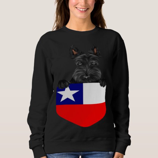 Chile Flag Scottish Terrier Dog In Pocket スウェットシャツ (正面)