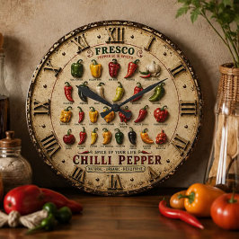 Chili Pepper Kitchen Rustic Farmhouse Chef Gift ラージ壁時計