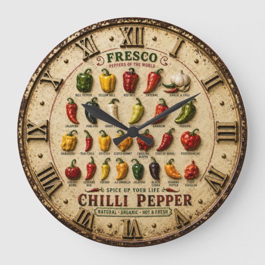 Chili Pepper Kitchen Rustic Farmhouse Chef Gift ラージ壁時計 (正面)